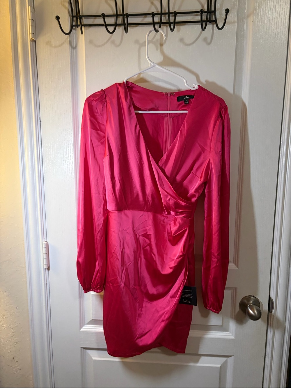 Lulu's Vibrant Hot Pink Satin Wrap-Style Long Sleeve Dress